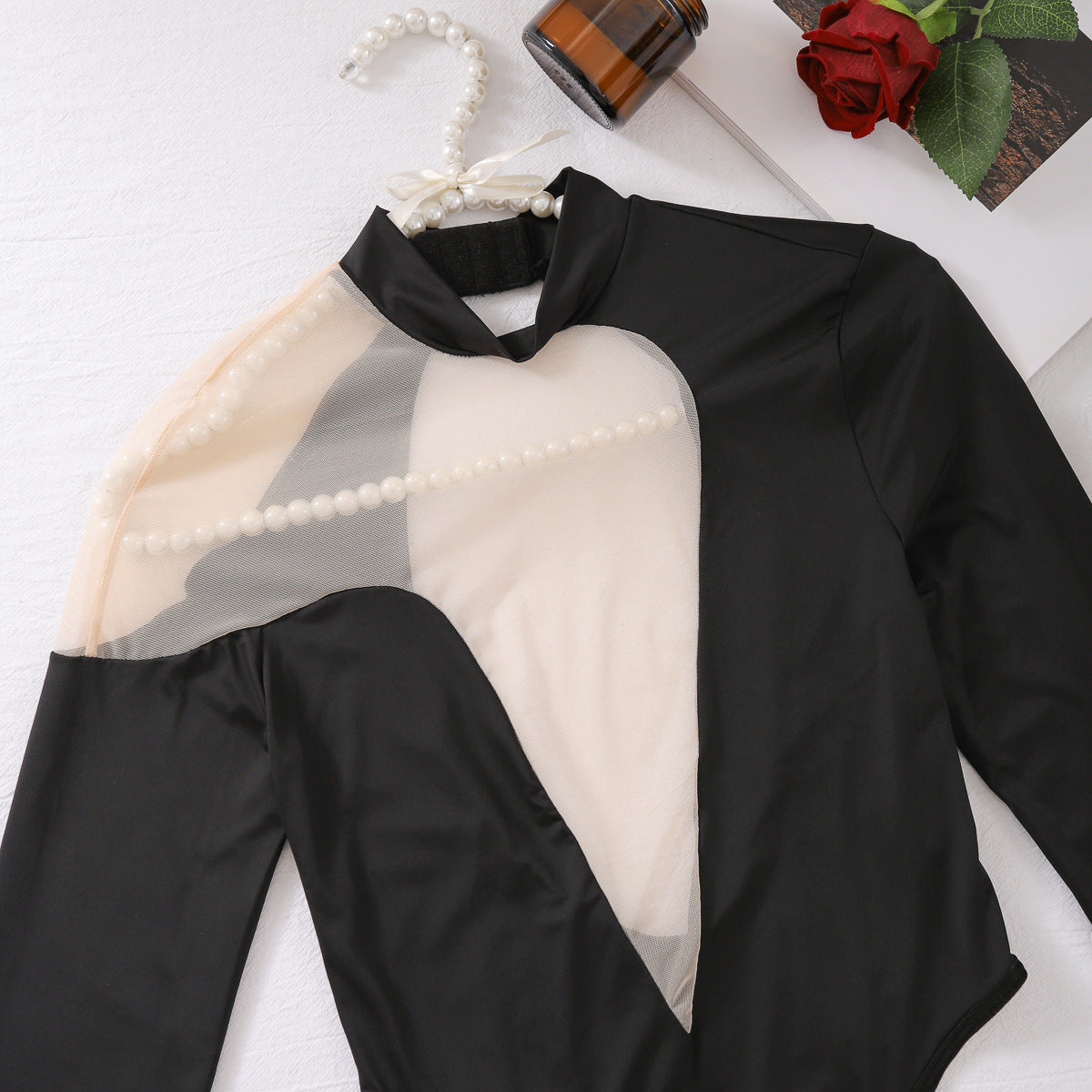 Asymetrical Deep V mesh  long sleeve bodysuit