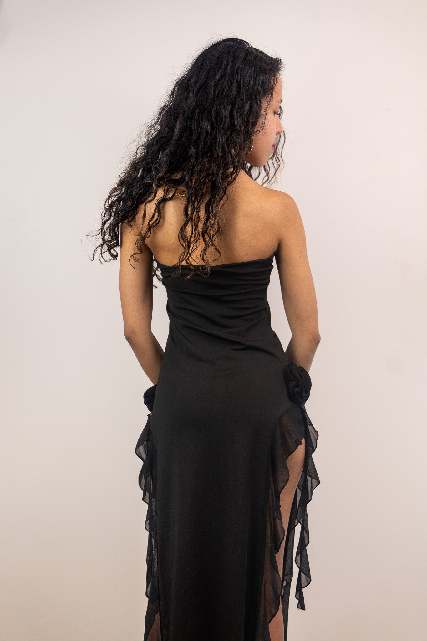 double ruffle sleeveless plunging collar high slit dress Beaded Satin Strapless Slit Gown by Nox Anabel M1701 4 / Black