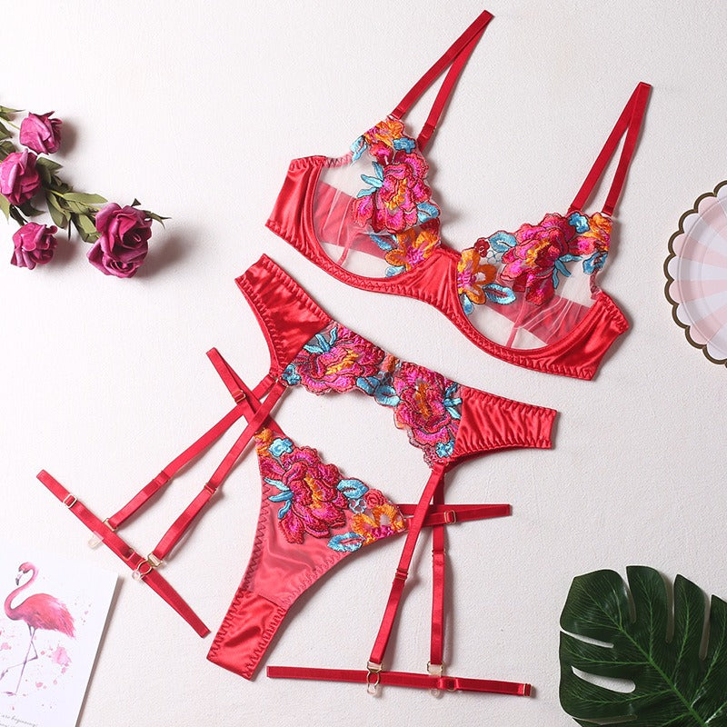 Floral Embellished Luxe Mesh Lingerie 4 Piece Set