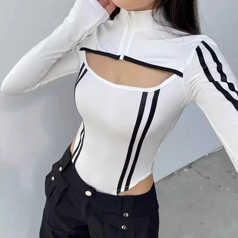 Autumn Sexy Bodysuits Women New Long Sleeves Cut Out Patchwork Zipper Turtleneck Bodycon White Rompers Fashion Casual Streetwear