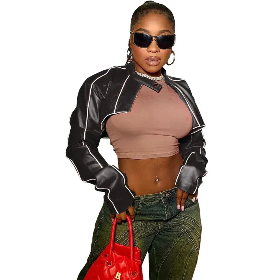 Black Jacket Ladies Pu Long Sleeve Crop Tops With Zipper Pu Leather Jacket Women Patent Leather Cropped Coat Short Jackets