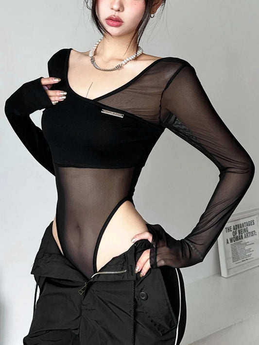 Black See Through Bodysuit Lingerie Sexy Long Sleeve Lenceria Femenina V-Neck One-Pieces Body Feminino Backless Tops For Women