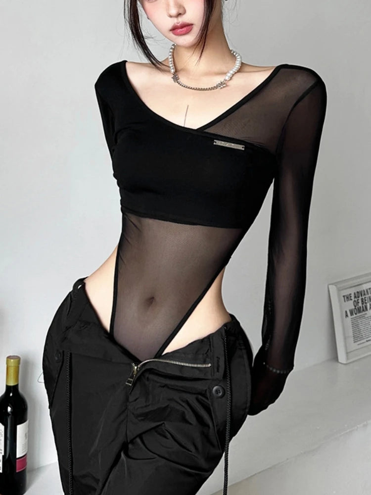 Black See Through Bodysuit Lingerie Sexy Long Sleeve Lenceria Femenina V-Neck One-Pieces Body Feminino Backless Tops For Women