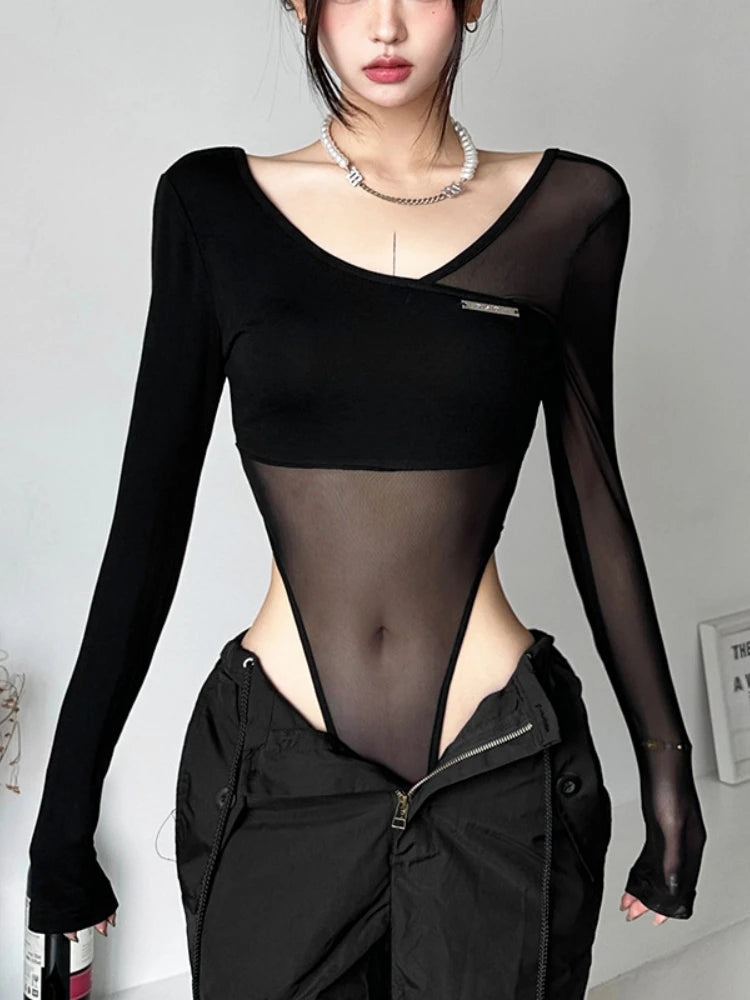 Black See Through Bodysuit Lingerie Sexy Long Sleeve Lenceria Femenina V-Neck One-Pieces Body Feminino Backless Tops For Women