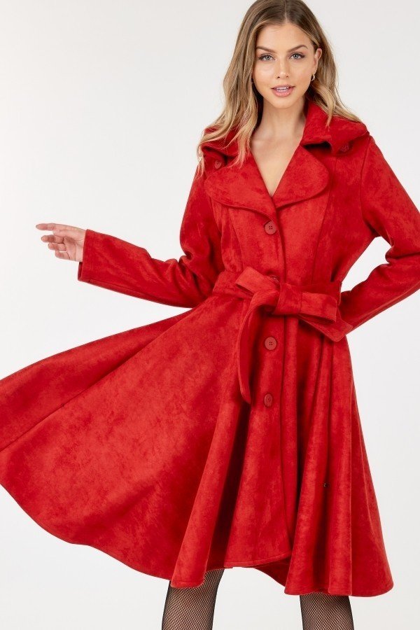 Red Long Collar Suede Coat - Donny's Angel