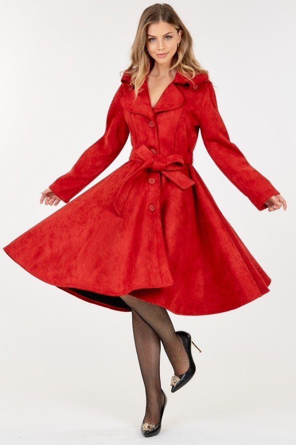 Red Long Collar Suede Coat - Donny's Angel