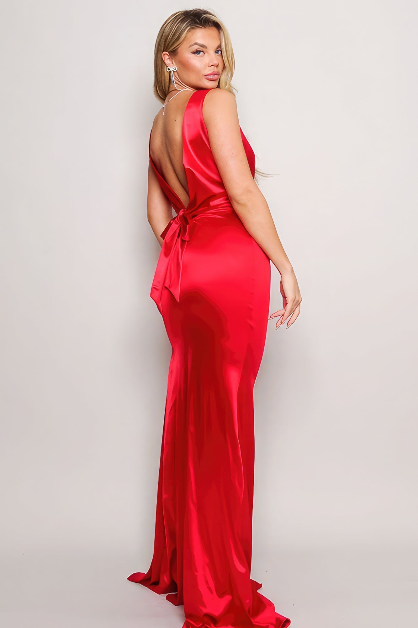 Sleeveless Deep V Low Back Bow Maxi Dress - Donny's Angel