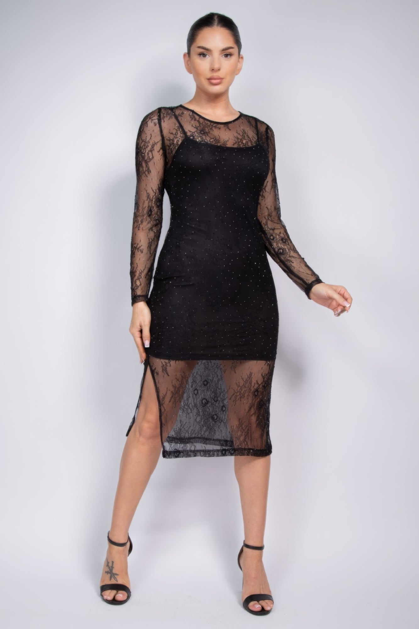 Radiant Rhinestone Lace Midi Dress - Donny's Angel