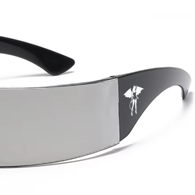 Sunglasses with a black frame and silver reflective lens on a white background