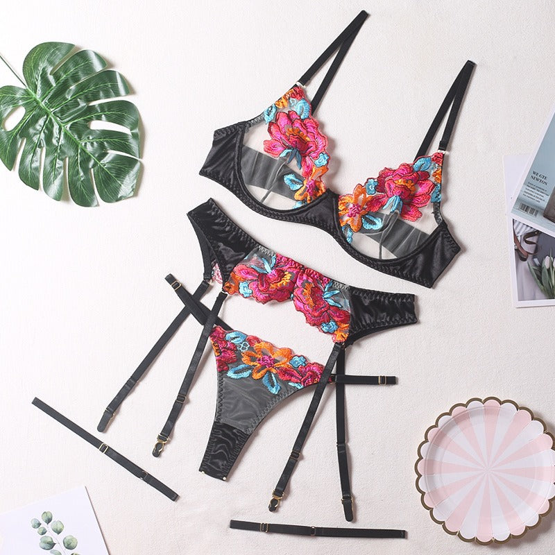 Floral Embellished Luxe Mesh Lingerie 4 Piece Set - Donny's Angel
