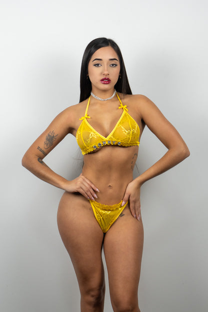 Donny's Devil Lace Lingerie 2 Piece Set with Metal Rhinestone Lettering