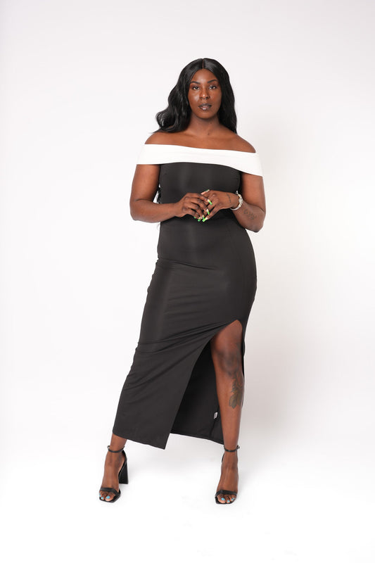 Contrast Off-Shoulder Slit Dress - Donny's Angel