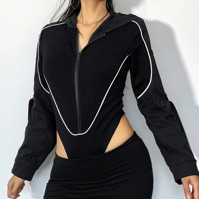 Elegant Women Slim Corset Bodysuit Hooded Top Y2K INS Fashion Autumn Motorcyle Skinny Romper Onepieces Streetwear