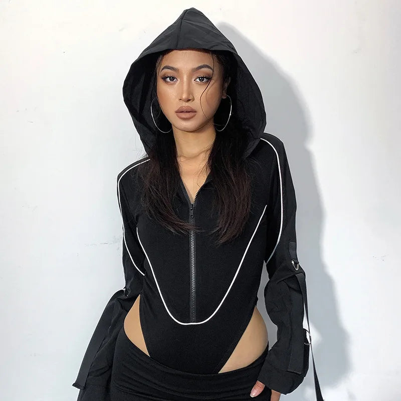 Elegant Women Slim Corset Bodysuit Hooded Top Y2K INS Fashion Autumn Motorcyle Skinny Romper Onepieces Streetwear