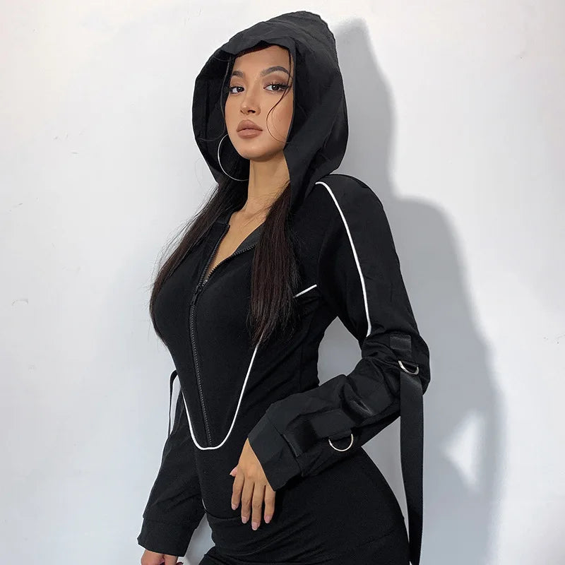 Elegant Women Slim Corset Bodysuit Hooded Top Y2K INS Fashion Autumn Motorcyle Skinny Romper Onepieces Streetwear