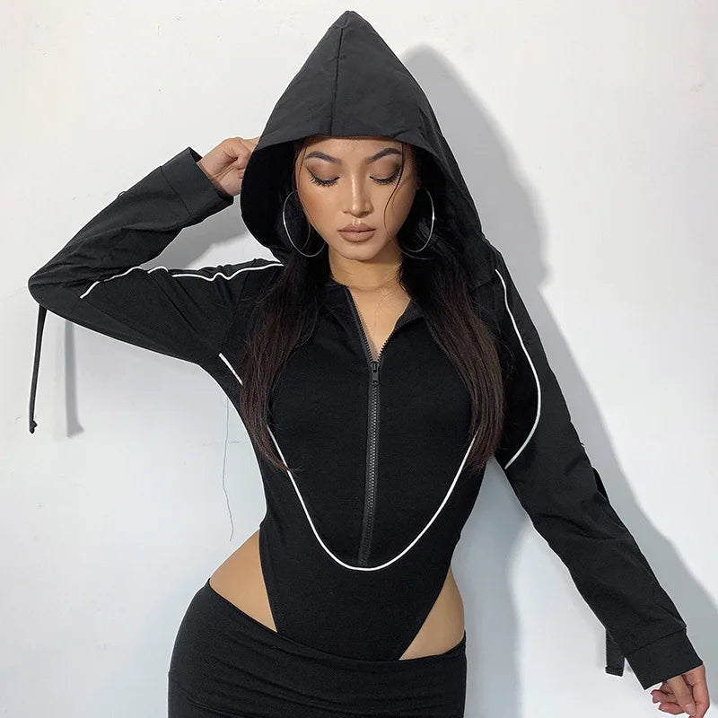 Elegant Women Slim Corset Bodysuit Hooded Top Y2K INS Fashion Autumn Motorcyle Skinny Romper Onepieces Streetwear