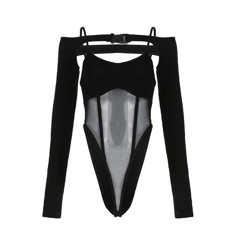 HEYounGIRL Mesh Patchwork Bodysuit and Smock Top Sexy Two Piece Set Women's Rave Festival Stylish Rompers Gothic Slim Clubwear