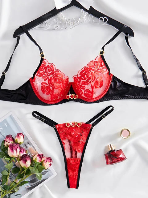 Romantic Embroidery Mesh 2 Piece Lingerie Set