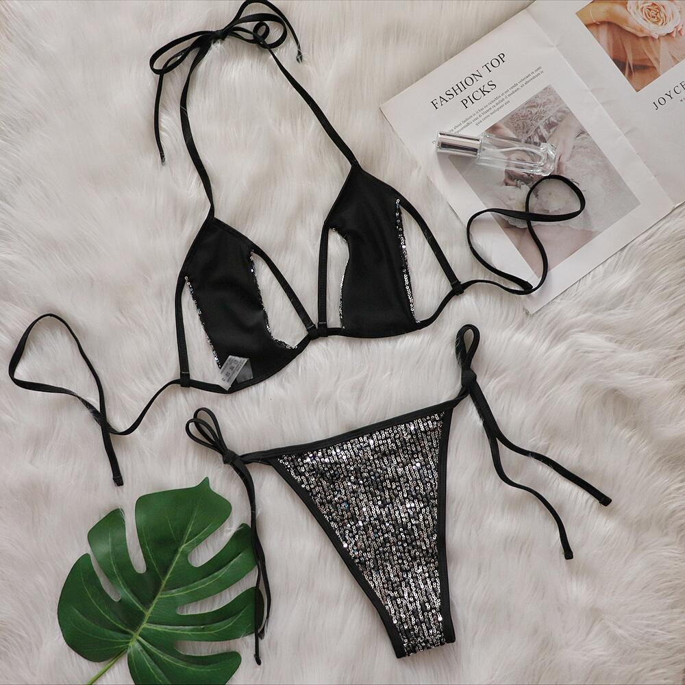 Sequin Mesh Strip Bikini
