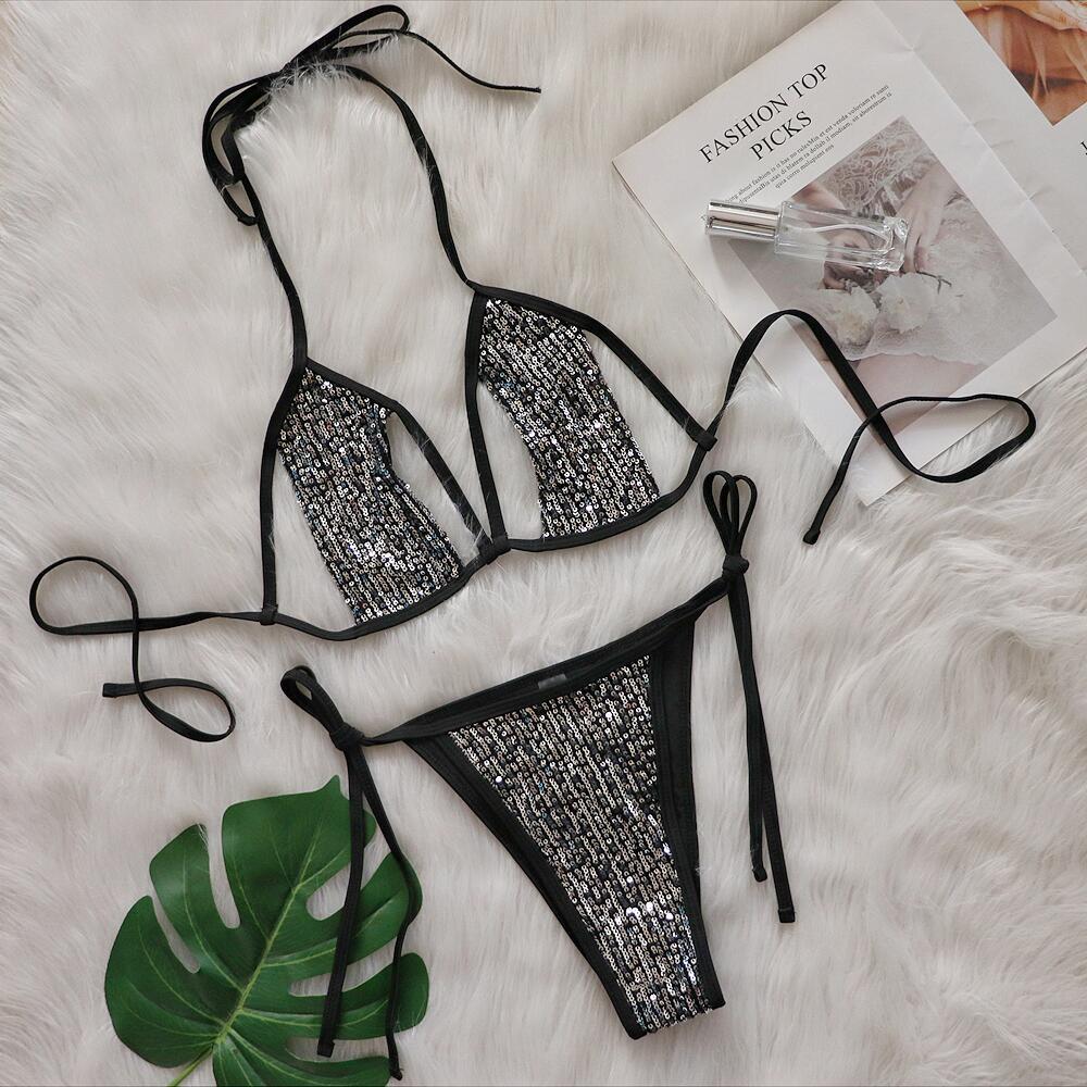 Sequin Mesh Strip Bikini
