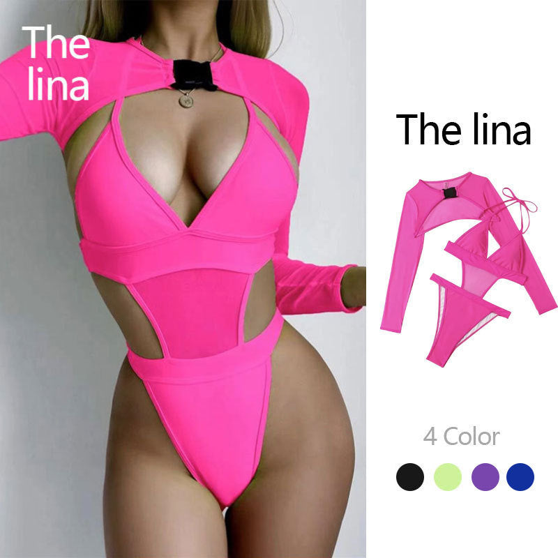 Amazon 2025 New European and American Solid Color Sexy One-Piece Swimsuit Women's Long Sleeve Cover up Bikini Swimwear Wholesale