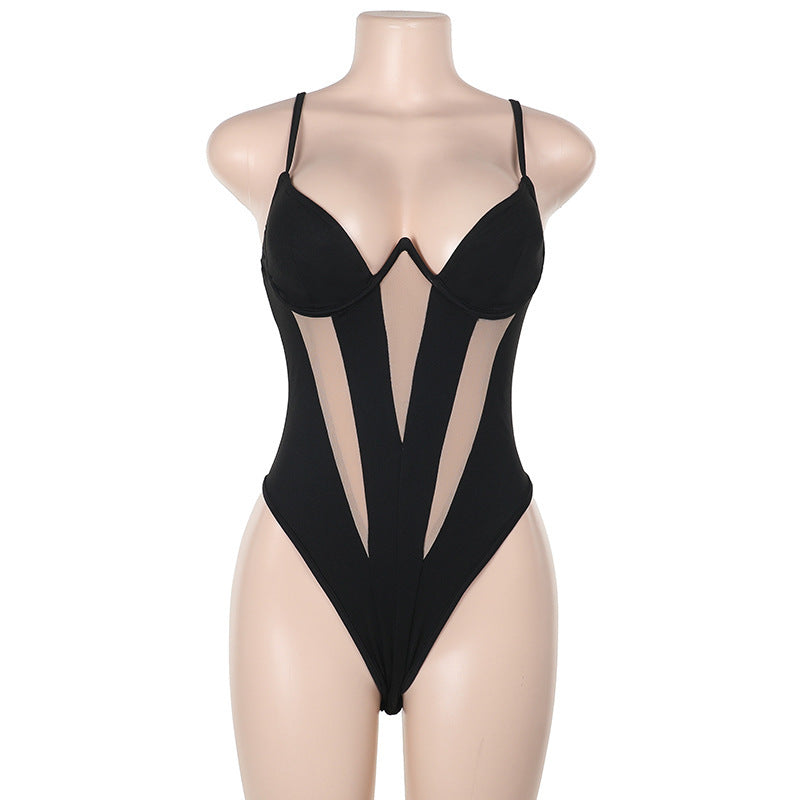 In the autumn of YJ24554, 2024 new European and American cross-border hot girls sling hollow stitching sexy black jumpsuit women