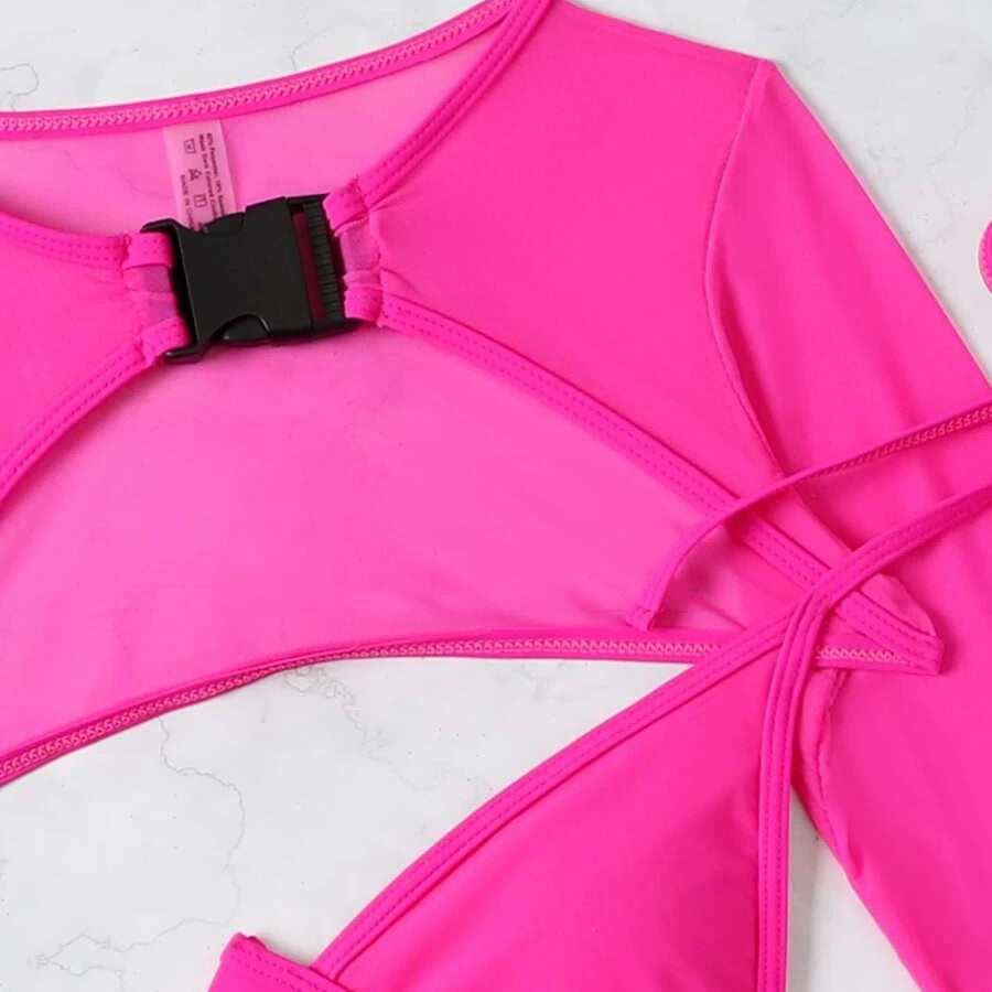 Amazon 2025 New European and American Solid Color Sexy One-Piece Swimsuit Women's Long Sleeve Cover up Bikini Swimwear Wholesale