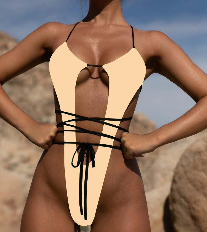 Sleek Fabric High Cut String Wrap One Piece Swimsuit - One Size