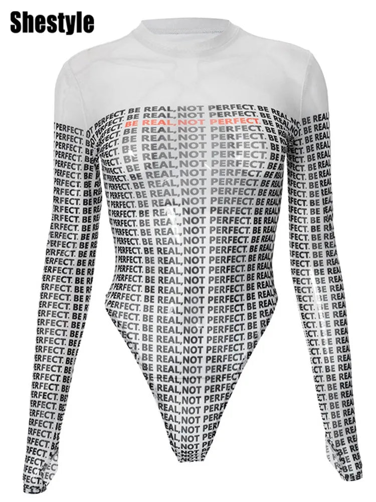 Shestyle Letter Printed Mesh Transparent Bodystui Women Panelled Newspaper Long Sleeve Round Neck T-Shirts Thong Beautiful Hot