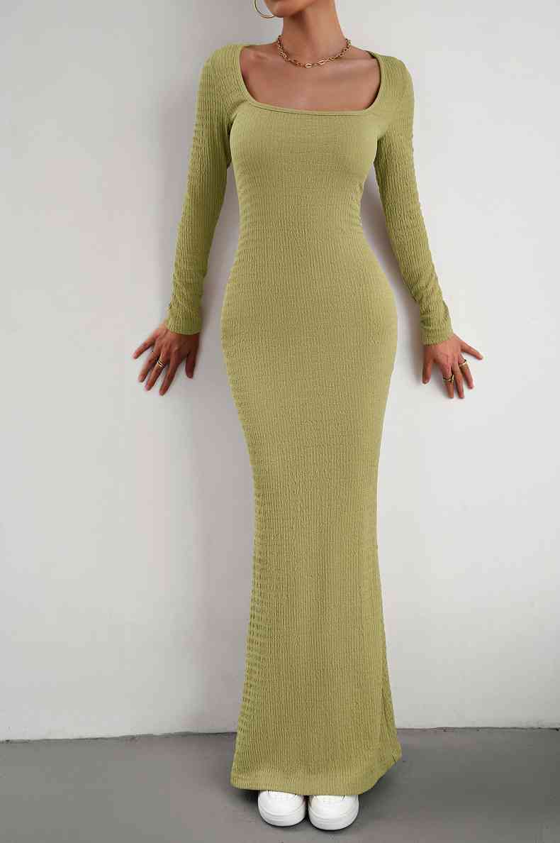 Long Sleeve Square Neck Maxi Bodycon Dress - Donny's Angel