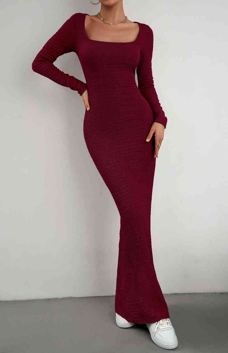 Long Sleeve Square Neck Maxi Bodycon Dress - Donny's Angel