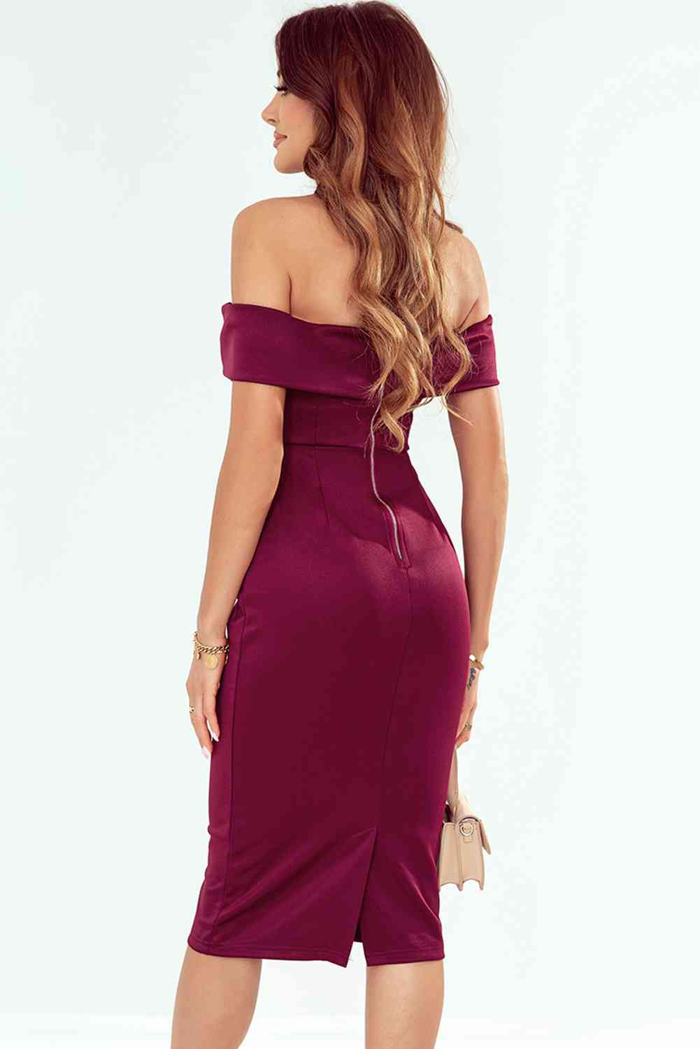 Off-Shoulder Zip-Back Slit Dress - Donny's Angel