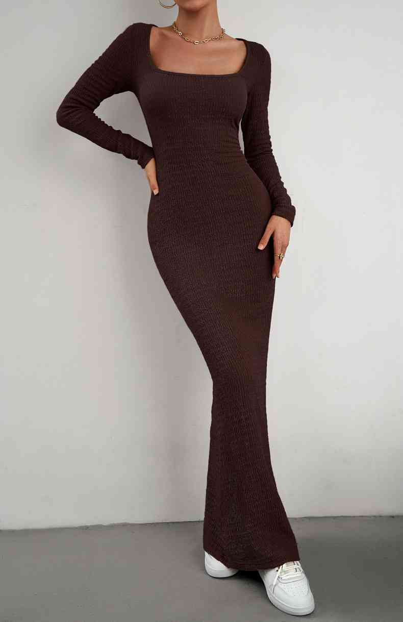 Long Sleeve Square Neck Maxi Bodycon Dress - Donny's Angel